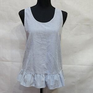 Charming Charlie Blue & White Stripped Ruffle Hem Top with Bow Accent Back Sz S